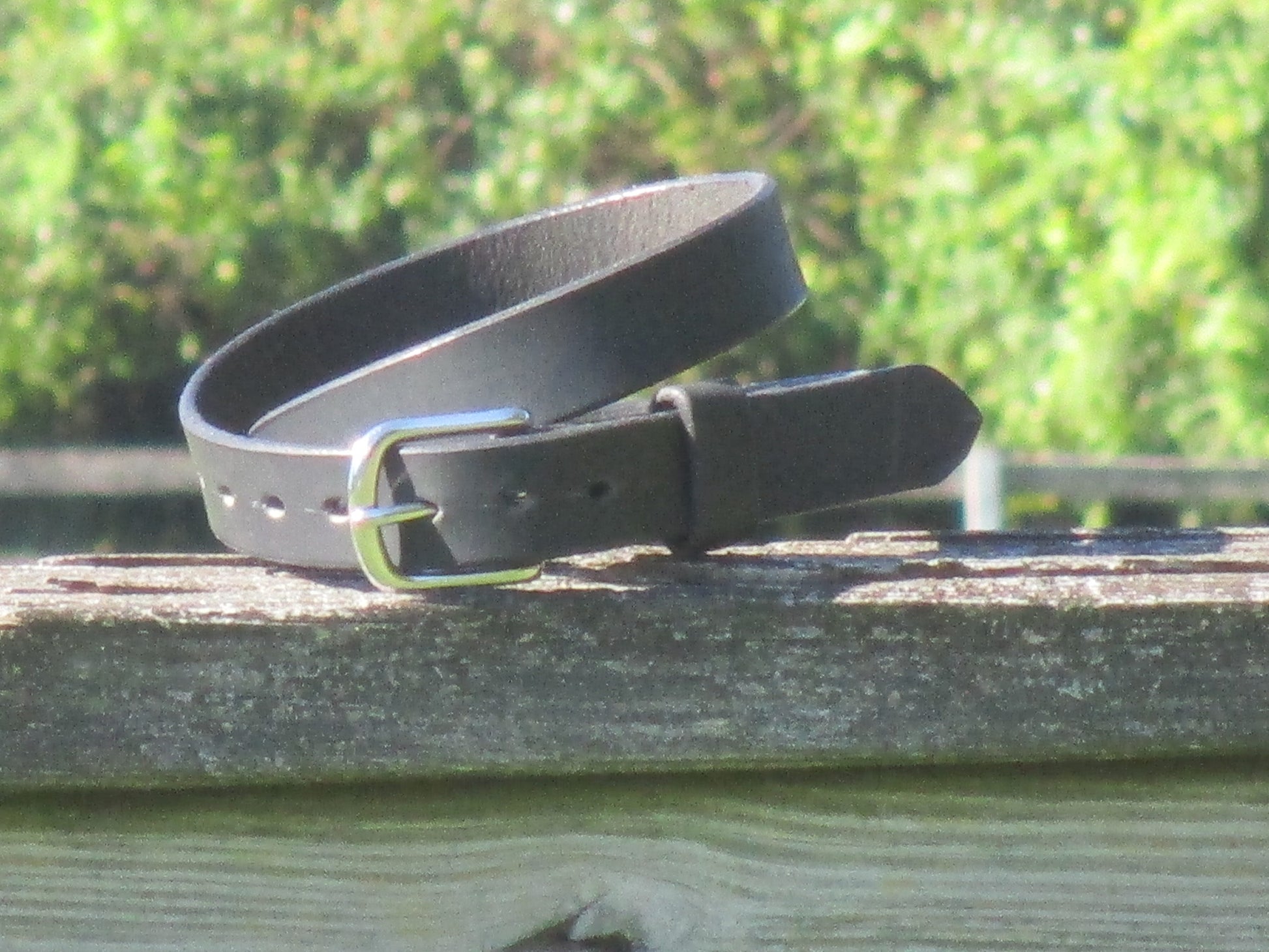Water Buffalo Black leather belt with a Stainless Steel buckle on a wooden surface with a blurred green background