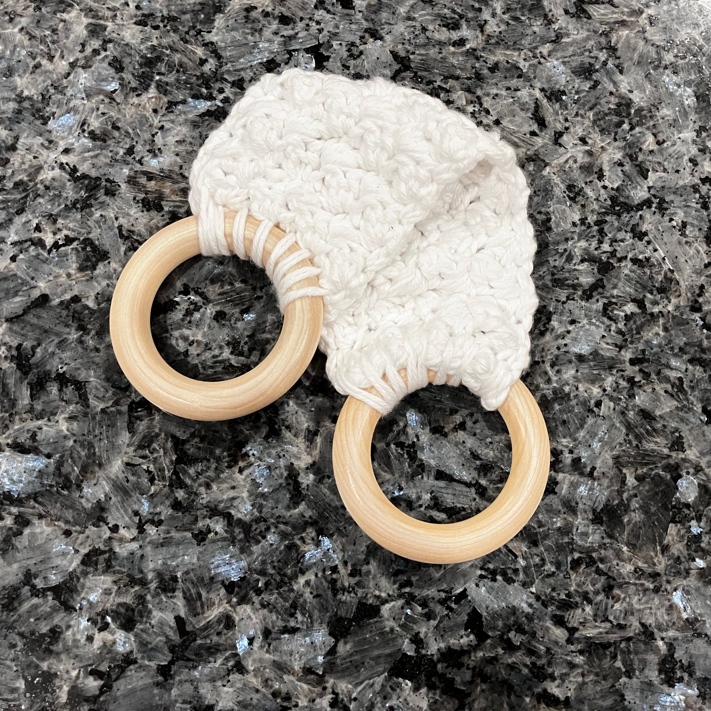 White Crocheted Towel Holder with Wooden Rings